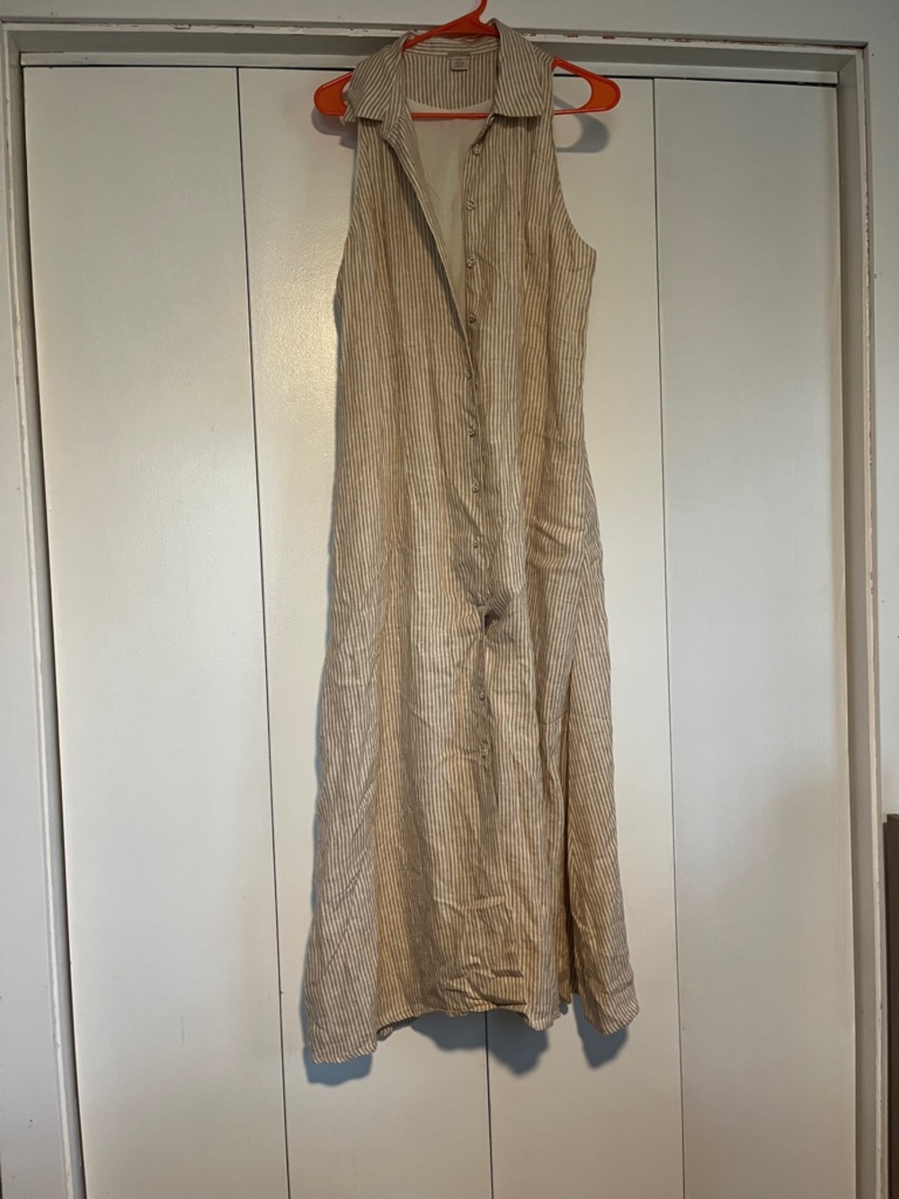 Magaschoni Beige and Cream Striped Sleeveless Button Maxi Dress size L linen
